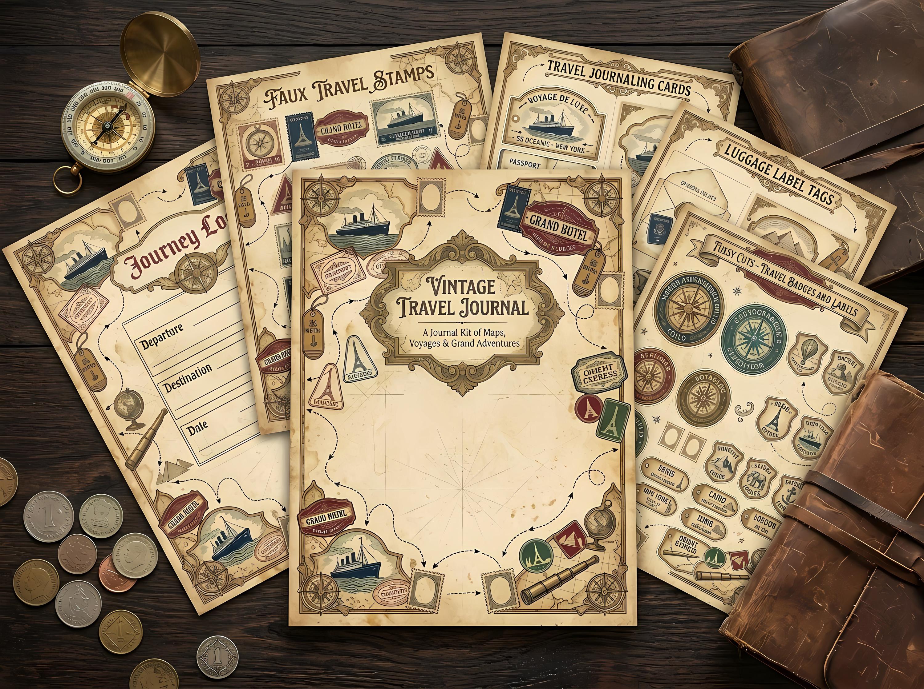 Vintage Travel Journal Kit — Printable Junk Journal, Antique Map Pages, Travel Ephemera, Digital Download · JK-054