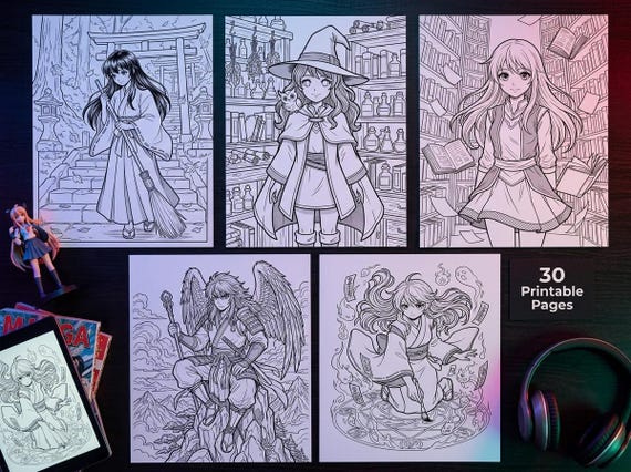 Manga Coloring Book Vol. 2 Japanese Folklore Fantasy, Printable Anime Style Coloring Pages, Kitsune Yokai Samurai PDF, Digital Download view 7