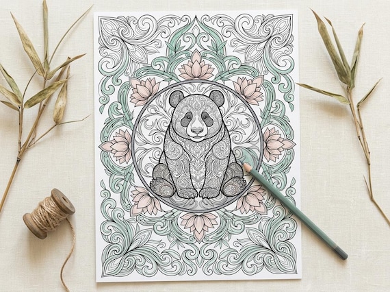 Giant Pandas & Bamboo Coloring Book, Printable Adult Coloring Pages, Bamboo Forest Stress Relief PDF, Digital Download view 3