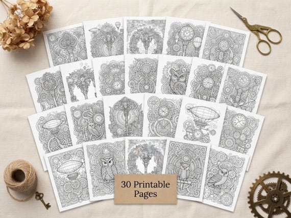 Steampunk Wonderland Coloring Book, Printable Adult Coloring Pages, Intricate Steampunk Stress Relief PDF, Digital Download · CB-35 view 2