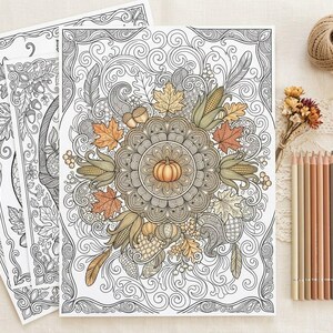 Cozy Autumn Harvest Coloring Book, Printable Adult Coloring Pages, Fall Pumpkin Stress Relief PDF, Digital Download · CB-13 image 5
