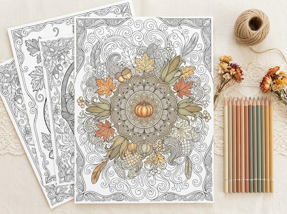 Cozy Autumn Harvest Coloring Book, Printable Adult Coloring Pages, Fall Pumpkin Stress Relief PDF, Digital Download · CB-13 view 5