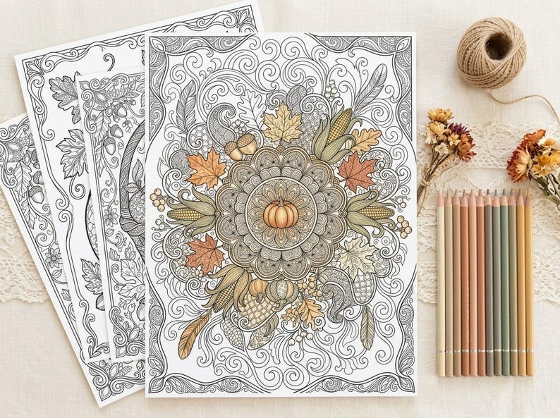 Cozy Autumn Harvest Coloring Book, Printable Adult Coloring Pages, Fall Pumpkin Stress Relief PDF, Digital Download · CB-13 image 5