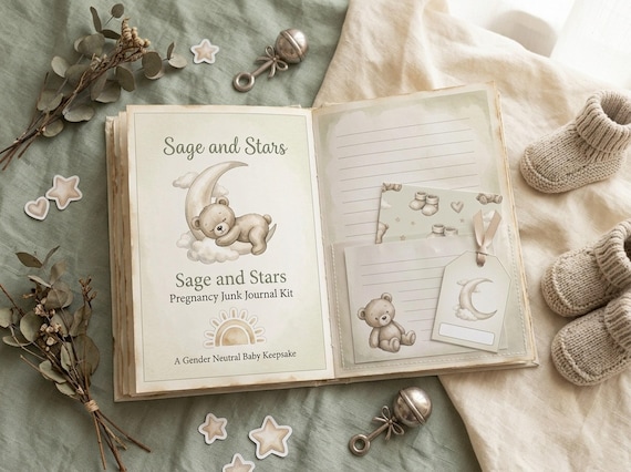Gender Neutral Pregnancy Junk Journal Kit, Sage and Stars, Printable Ephemera, Baby Shower Gift, Digital Download · JK-130 view 3