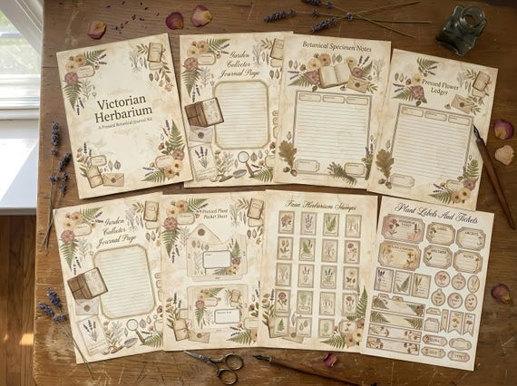 Victorian Herbarium Junk Journal Kit, Printable Botanical Journal Pages, Pressed Flower Ephemera, Herbarium Tags, Fussy Cuts · JK-014 view 3