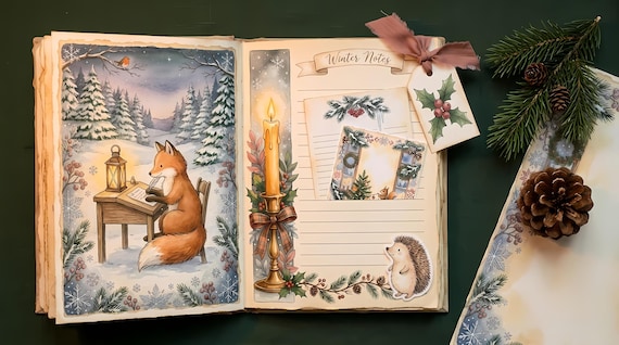 Winter Woodland Junk Journal Kit, Printable Storybook Journal Pages, Cottagecore Ephemera, Gift Tags, Holiday Cards, Fussy Cuts · JK-006 view 2