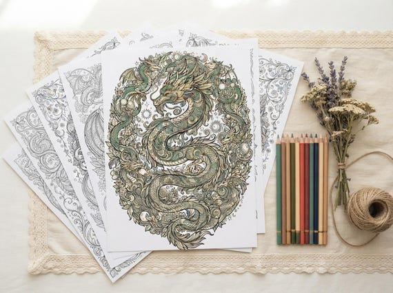 Mystical Dragons Coloring Book, Printable Adult Coloring Pages, Ornate Mystical Dragon Stress Relief PDF, Digital Download · CB-39 view 5