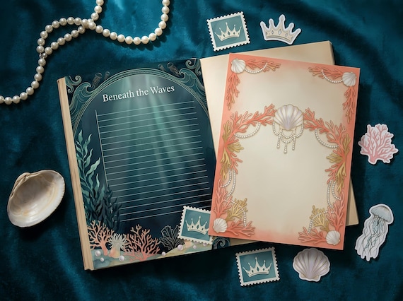 Mermaid Junk Journal Kit, Printable Ocean Fantasy Journal Pages, Under the Sea Ephemera, Pearl Shell Tags, Digital Download · JK-086 view 3