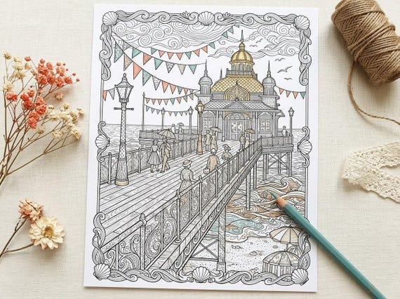 Vintage Seaside Summer Coloring Book, Printable Adult Coloring Pages, Vintage Seaside Stress Relief PDF, Digital Download · CB-17 view 7