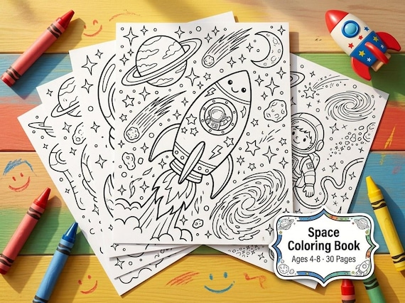 Space Kids Coloring Book, 30 Printable Coloring Pages for Ages 4-8, Boys and Girls Activity PDF, Digital Download view 6