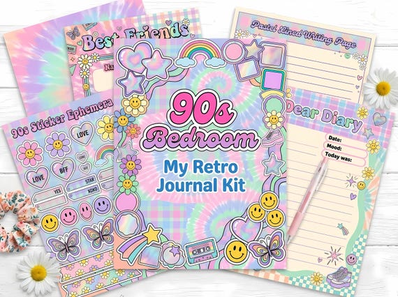 90s Bedroom Junk Journal Kit, Printable 1990s Teen Diary Journal Pages, Pastel Ephemera, Daisy Fussy Cuts, Digital Download · JK-049