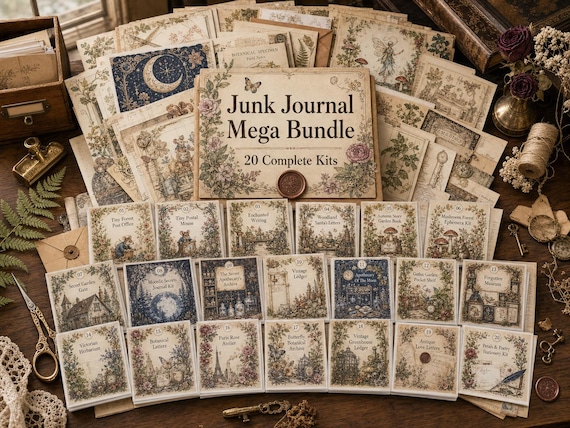 SAVE 50% << Printable Junk Journal Kit MEGA BUNDLE Vol. 1 — 20 Complete Journal Kits, Whimsical Cottagecore, Digital Download view 3