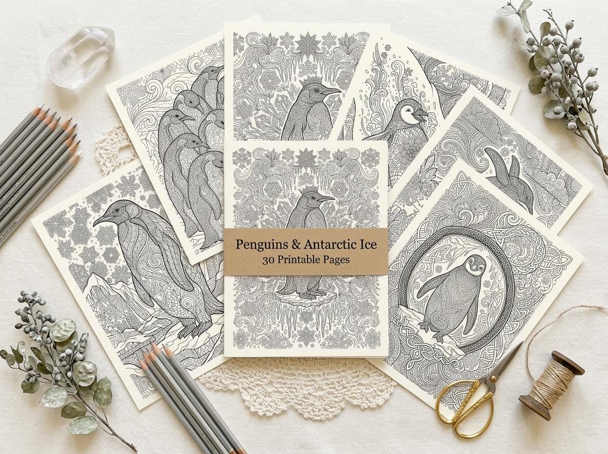 Penguins & Antarctic Ice Coloring Book, Printable Adult Coloring Pages, Winter Wildlife Stress Relief PDF, Digital Download
