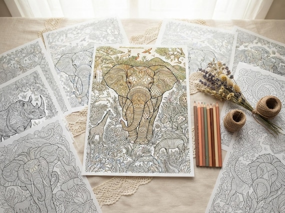 Safari Animals Coloring Book, Printable Adult Coloring Pages, Decorative Safari Stress Relief PDF, Digital Download · CB-37 view 5