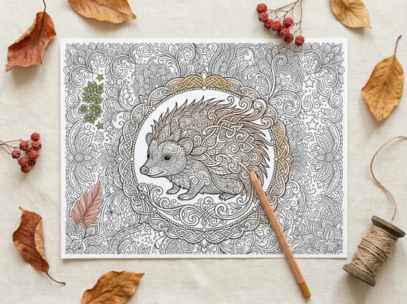 Hedgehogs & Forest Berries Coloring Book, Printable Adult Coloring Pages, Woodland Nature Stress Relief PDF, Digital Download view 4