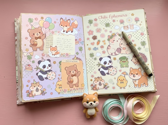 Manga Chibi Animals Junk Journal Kit, Printable Kawaii Journal Pages, Cute Animal Ephemera, Chibi Tags, Digital Download · JK-124 view 3