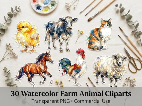 Watercolor Farm Animal Clipart, 30 Transparent PNG, Commercial Use, Sublimation POD, Digital Download