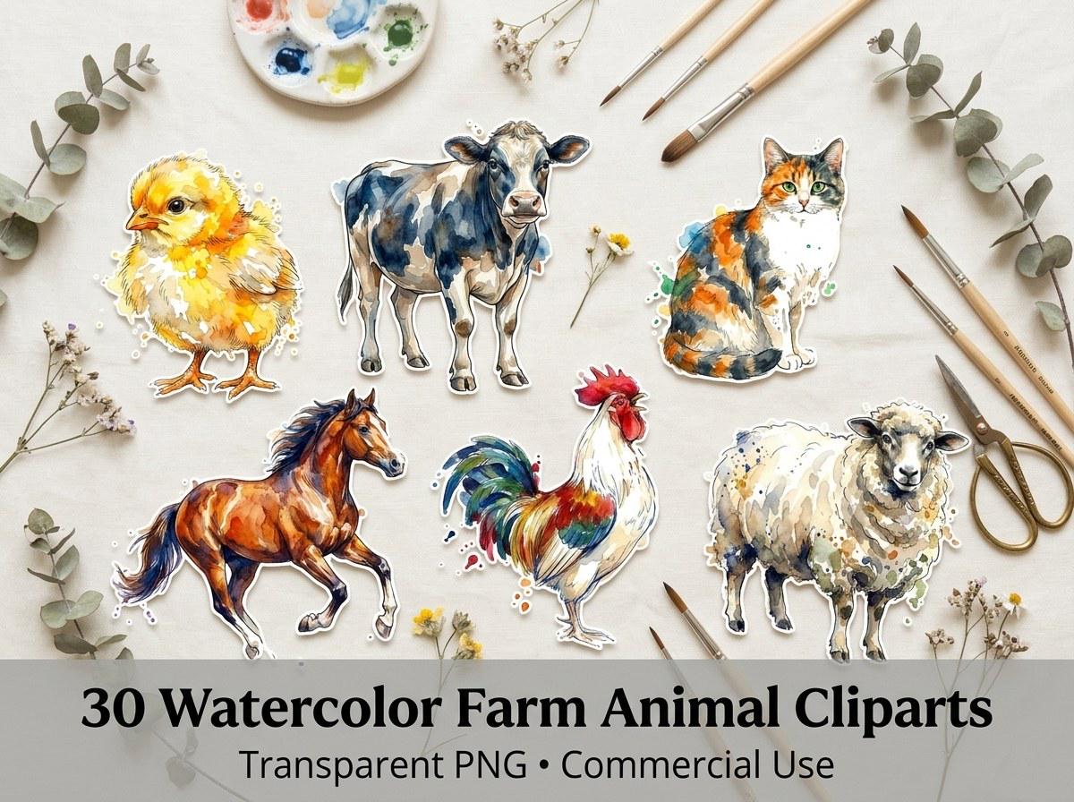 Watercolor Farm Animal Clipart, 30 Transparent PNG, Commercial Use, Sublimation POD, Digital Download