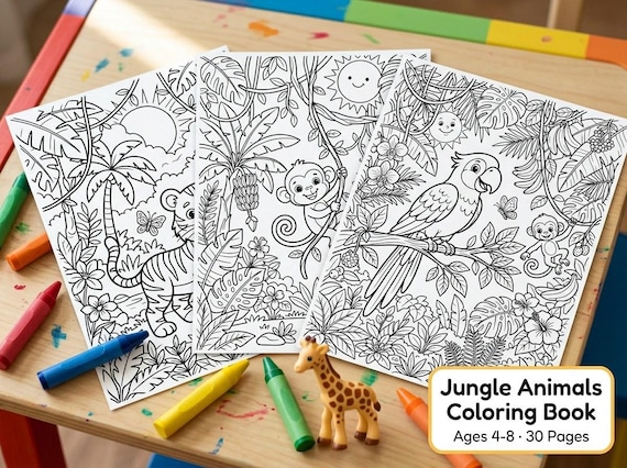 Jungle Animals Kids Coloring Book, 30 Printable Coloring Pages for Ages 4-8, Boys and Girls Activity PDF, Digital Download
