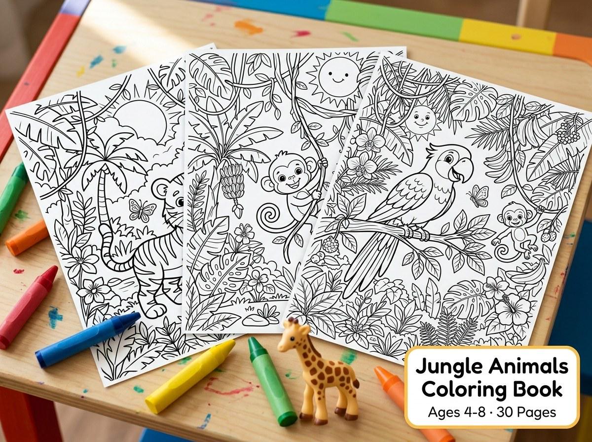 Jungle Animals Kids Coloring Book, 30 Printable Coloring Pages for Ages 4-8, Boys and Girls Activity PDF, Digital Download