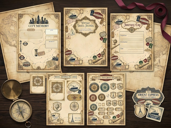 Vintage Travel Journal Kit — Printable Junk Journal, Antique Map Pages, Travel Ephemera, Digital Download · JK-054 view 4