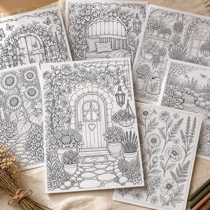 May include: A collection of adult coloring books featuring detailed garden scenes. The illustrations include doors, benches, flowers, and other garden elements. A bundle of lavender and colored pencils are also present.