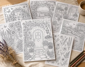 Cozy Cottage Garden Coloring Book, Printable Adult Coloring Pages, Stress Relief Floral Garden PDF, Digital Download