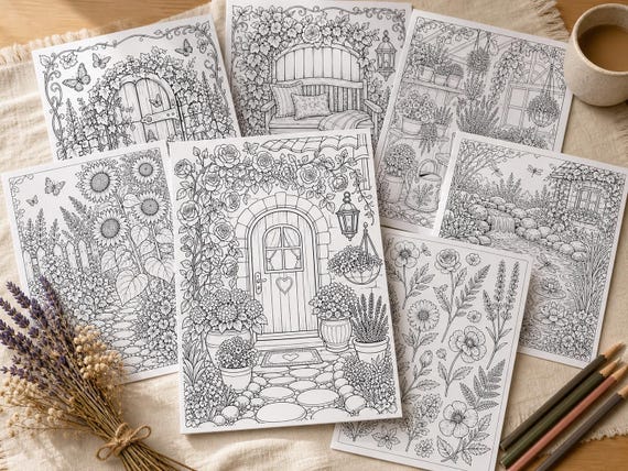 Cozy Cottage Garden Coloring Book, Printable Adult Coloring Pages, Stress Relief Floral Garden PDF, Digital Download · CB-03
