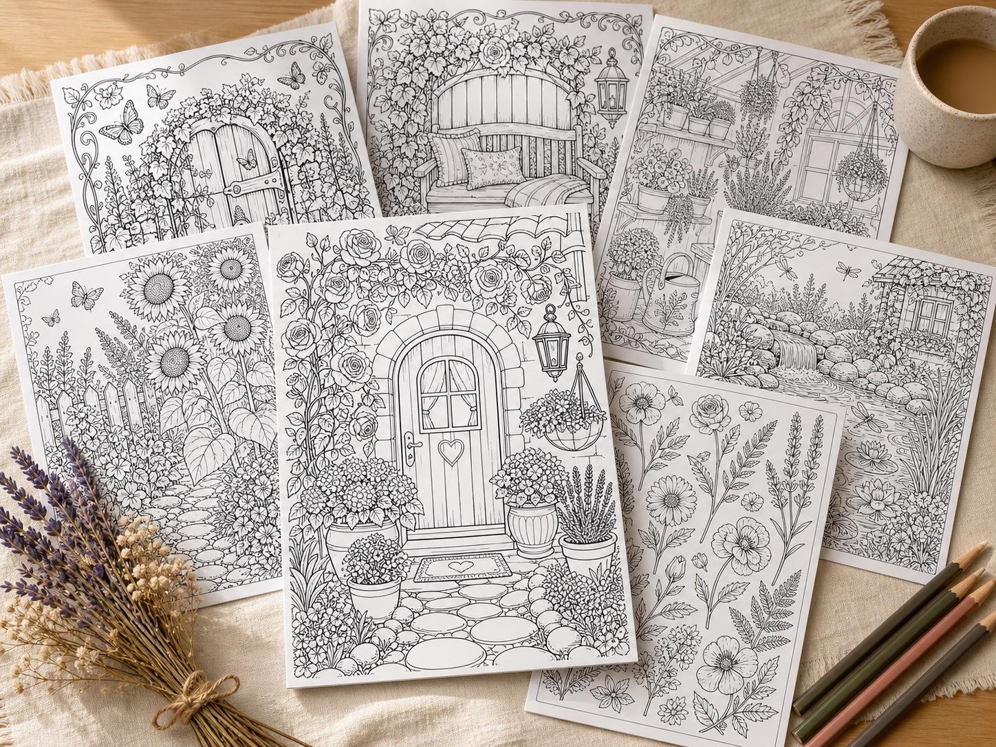 Cozy Cottage Garden Coloring Book, Printable Adult Coloring Pages, Stress Relief Floral Garden PDF, Digital Download · CB-03