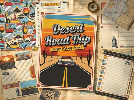 Desert Road Trip Junk Journal Kit, Printable Vintage Highway Journal Pages, Road Trip Ephemera, Americana Tags, Digital Download · JK-076 view 3