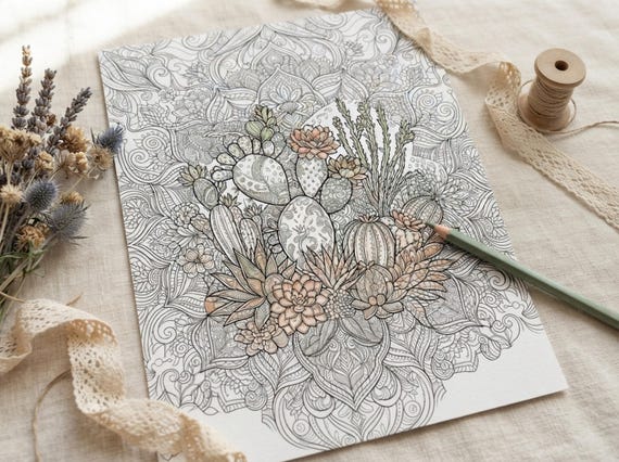 Desert Cactus & Succulents Coloring Book, Printable Adult Coloring Pages, Desert Cactus Stress Relief PDF, Digital Download · CB-24 view 7