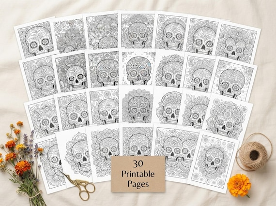 Sugar Skulls Fiesta Coloring Book, Printable Adult Coloring Pages, Stress Relief PDF, Digital Download · CB-34 view 2