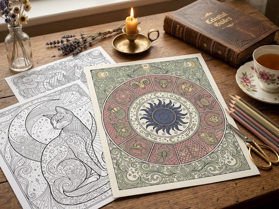 Celestial Zodiac & Moon Magic Coloring Book, Printable Adult Coloring Pages, Mystical Moon Stars Stress Relief PDF, Digital Download · CB-08 view 6