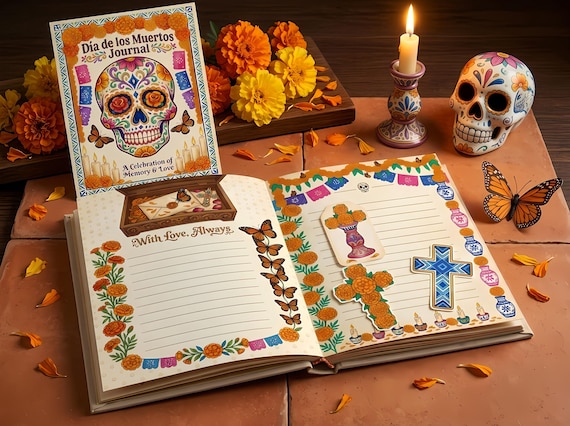Day of the Dead Junk Journal Kit, Printable Dia de los Muertos Journal Pages, Sugar Skull Ephemera, Marigold Folk Art, Digital Down · JK-083 view 3