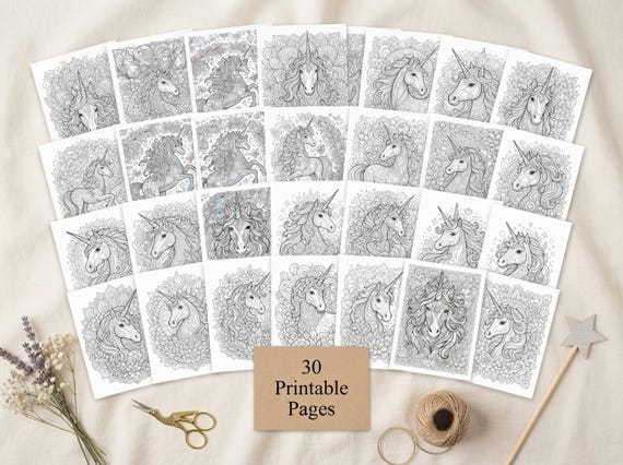 Magical Unicorns Coloring Book, Printable Adult Coloring Pages, Whimsical Magical Unicorn Stress Relief PDF, Digital Download · CB-40 view 2