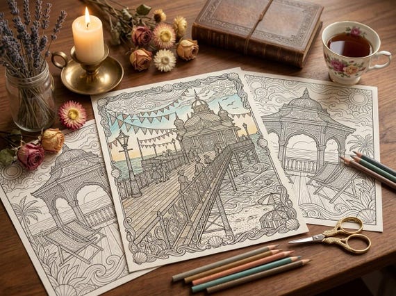 Vintage Seaside Summer Coloring Book, Printable Adult Coloring Pages, Vintage Seaside Stress Relief PDF, Digital Download · CB-17 view 6