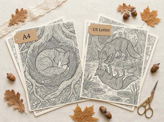 Red Foxes & Autumn Woodland Coloring Book, Printable Adult Coloring Pages, Fox Nature Stress Relief PDF, Digital Download view 6