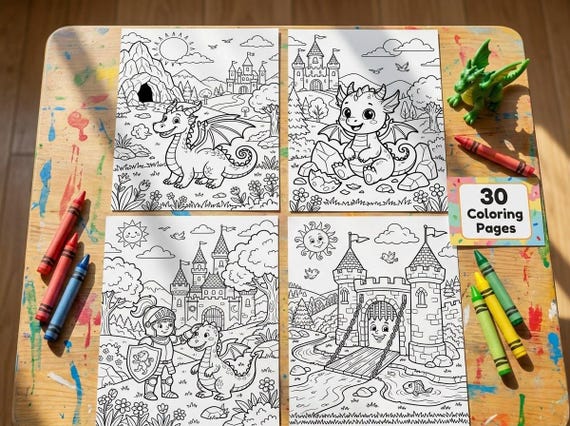 Dragons, Castles & Knights Kids Coloring Book, 30 Printable Coloring Pages for Ages 4-8, Boys and Girls Activity PDF, Digital Download view 2