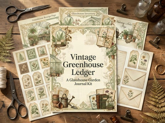 Vintage Greenhouse Ledger Junk Journal Kit, Printable Cottagecore Journal Pages, Garden Ephemera, Plant Tags, Fussy Cuts · JK-018 view 3