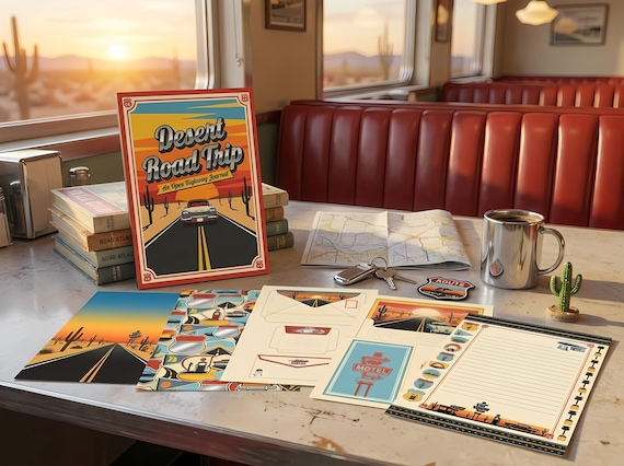 Desert Road Trip Junk Journal Kit, Printable Vintage Highway Journal Pages, Road Trip Ephemera, Americana Tags, Digital Download · JK-076