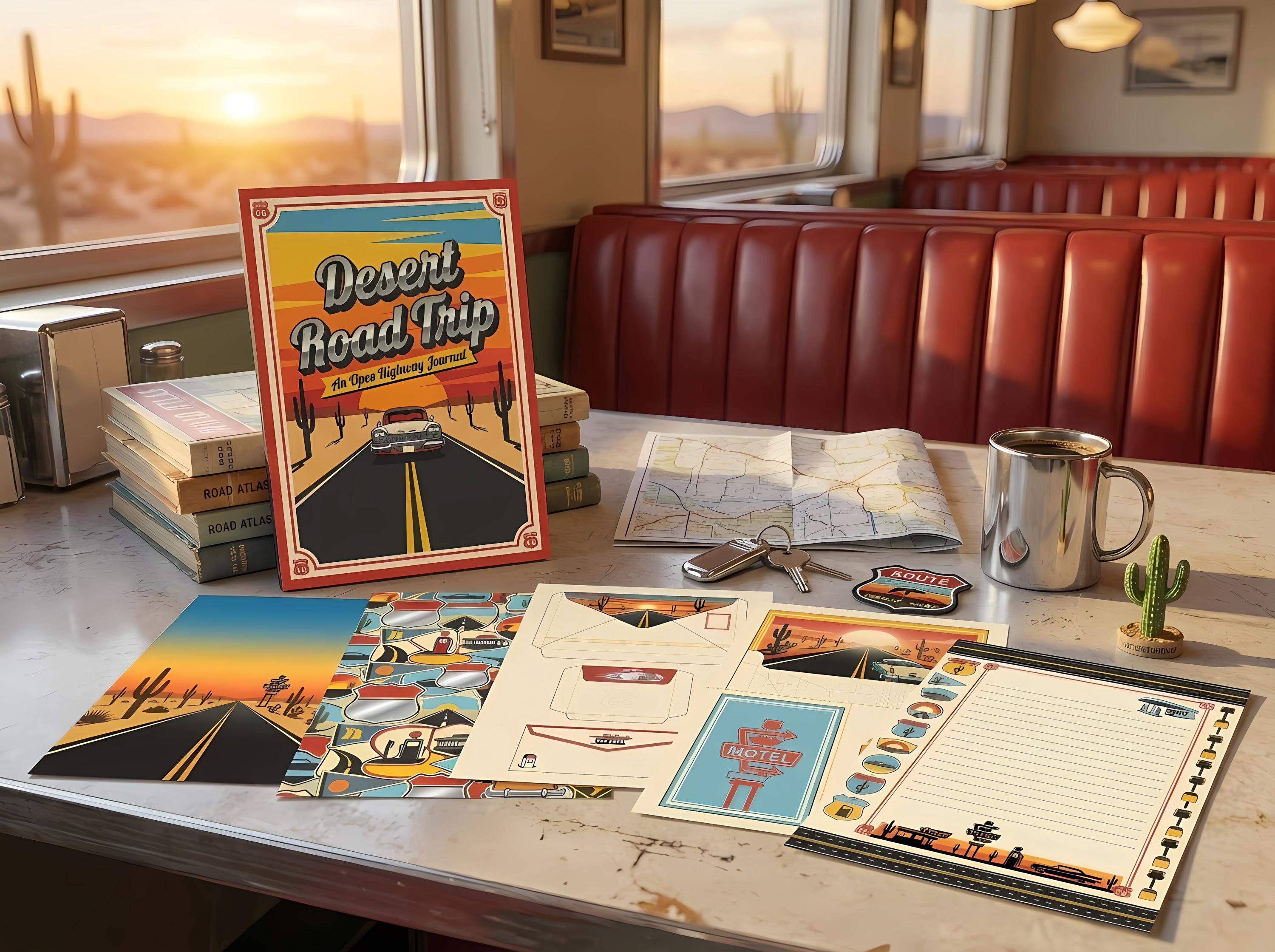 Desert Road Trip Junk Journal Kit, Printable Vintage Highway Journal Pages, Road Trip Ephemera, Americana Tags, Digital Download · JK-076