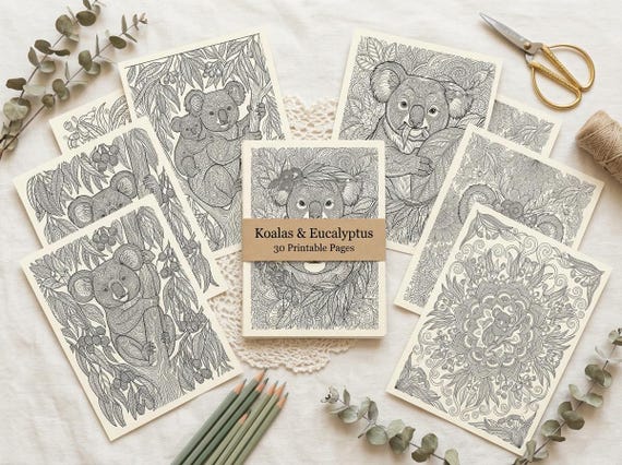 Koalas & Eucalyptus Coloring Book, Printable Adult Coloring Pages, Australian Nature Stress Relief PDF, Digital Download