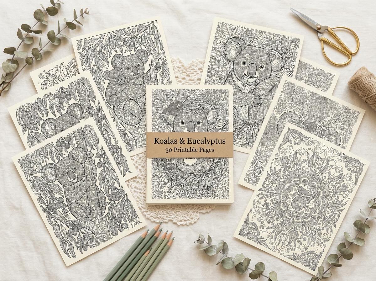 Koalas & Eucalyptus Coloring Book, Printable Adult Coloring Pages, Australian Nature Stress Relief PDF, Digital Download
