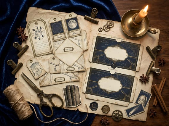 Secret Astronomer's Archive Junk Journal Kit, Printable Dark Academia Journal Pages, Celestial Ephemera, Star Map Tags, Fussy C · JK-010 view 3
