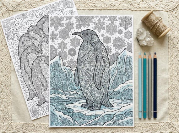 Penguins & Antarctic Ice Coloring Book, Printable Adult Coloring Pages, Winter Wildlife Stress Relief PDF, Digital Download view 3