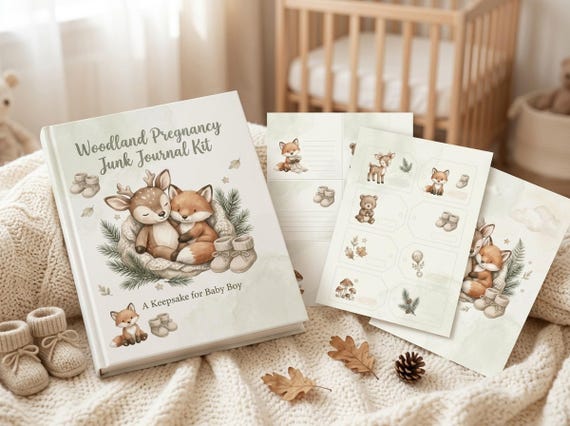 Woodland Pregnancy Junk Journal Kit, Baby Boy, Printable Ephemera, Expecting Mom Gift, Baby Shower, Digital Download · JK-128 view 3