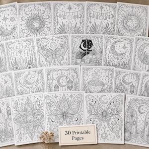 May include: A collection of 30 printable pages featuring intricate black and white illustrations. The designs include celestial themes like moons, suns, and stars, along with butterflies, crystals, and floral elements. The text on the image reads "30 Printable Pages".