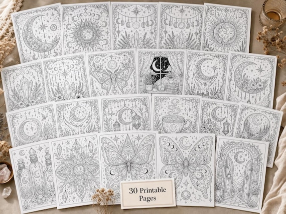 Mystical Moon and Stars Coloring Book, Printable Adult Coloring Pages, Celestial Stress Relief PDF, Digital Download · CB-04 view 2
