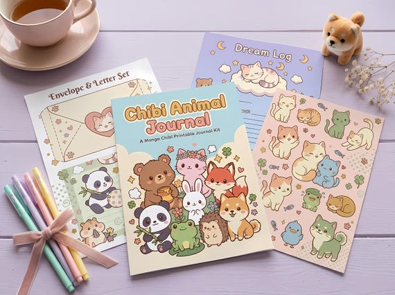 Manga Chibi Animals Junk Journal Kit, Printable Kawaii Journal Pages, Cute Animal Ephemera, Chibi Tags, Digital Download · JK-124