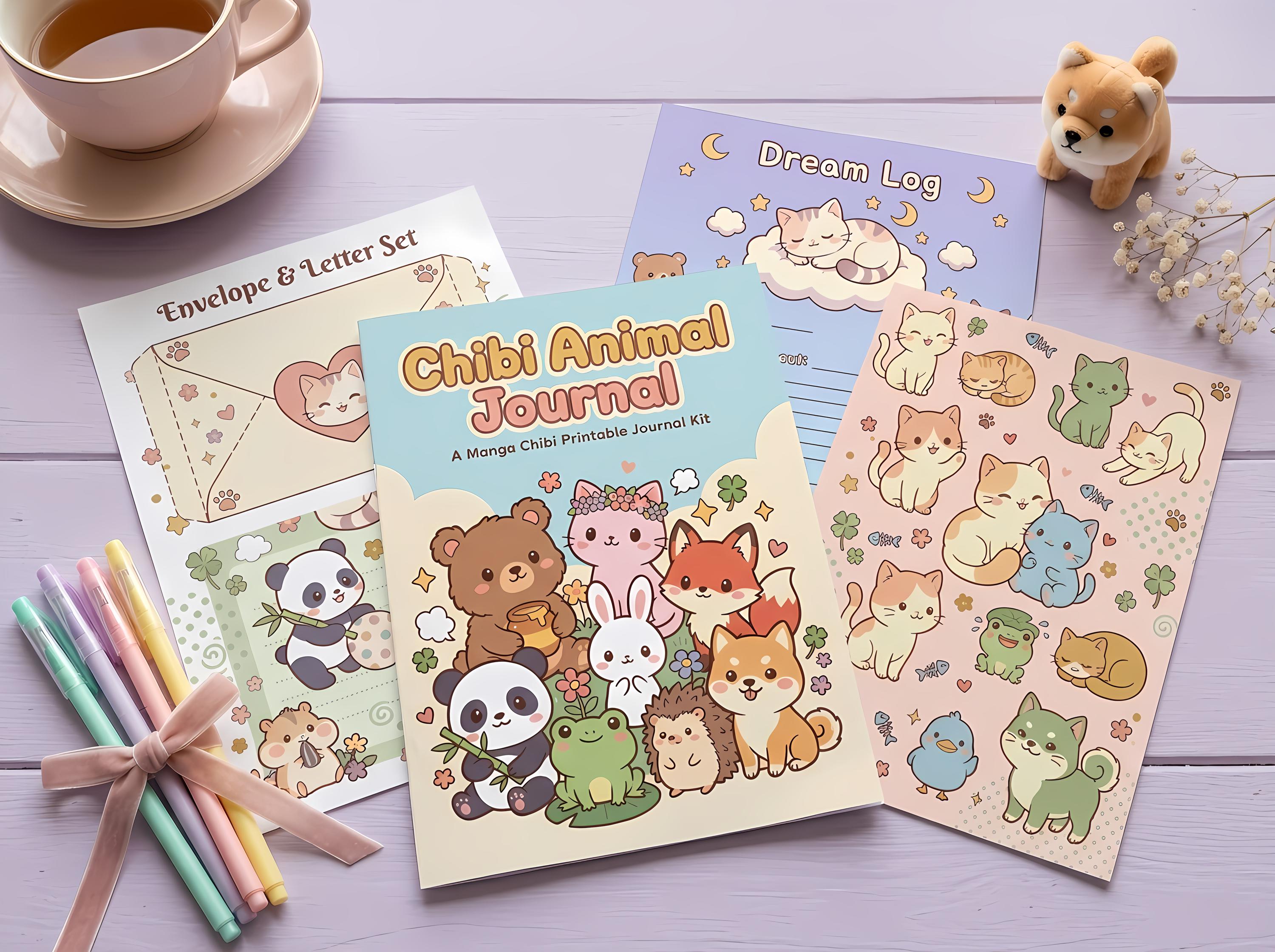 Manga Chibi Animals Junk Journal Kit, Printable Kawaii Journal Pages, Cute Animal Ephemera, Chibi Tags, Digital Download · JK-124